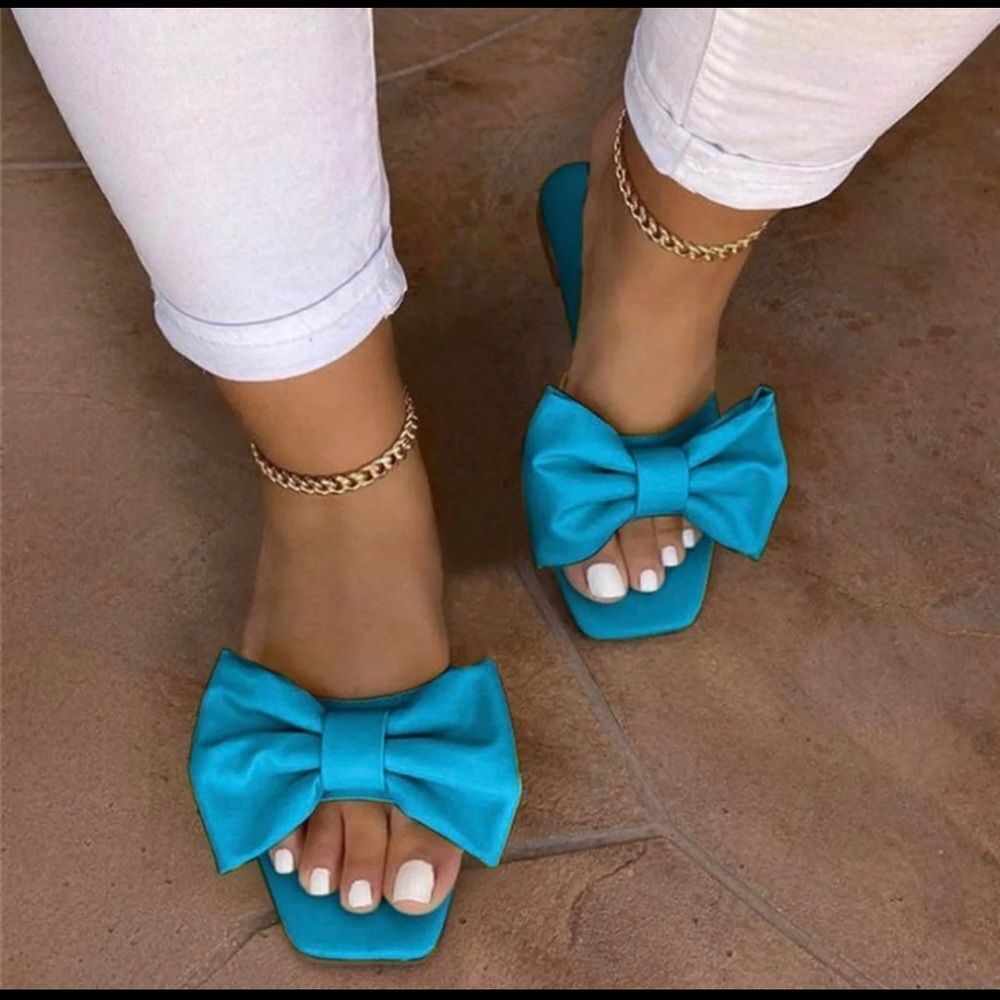 Blue Bow Slide Sandals